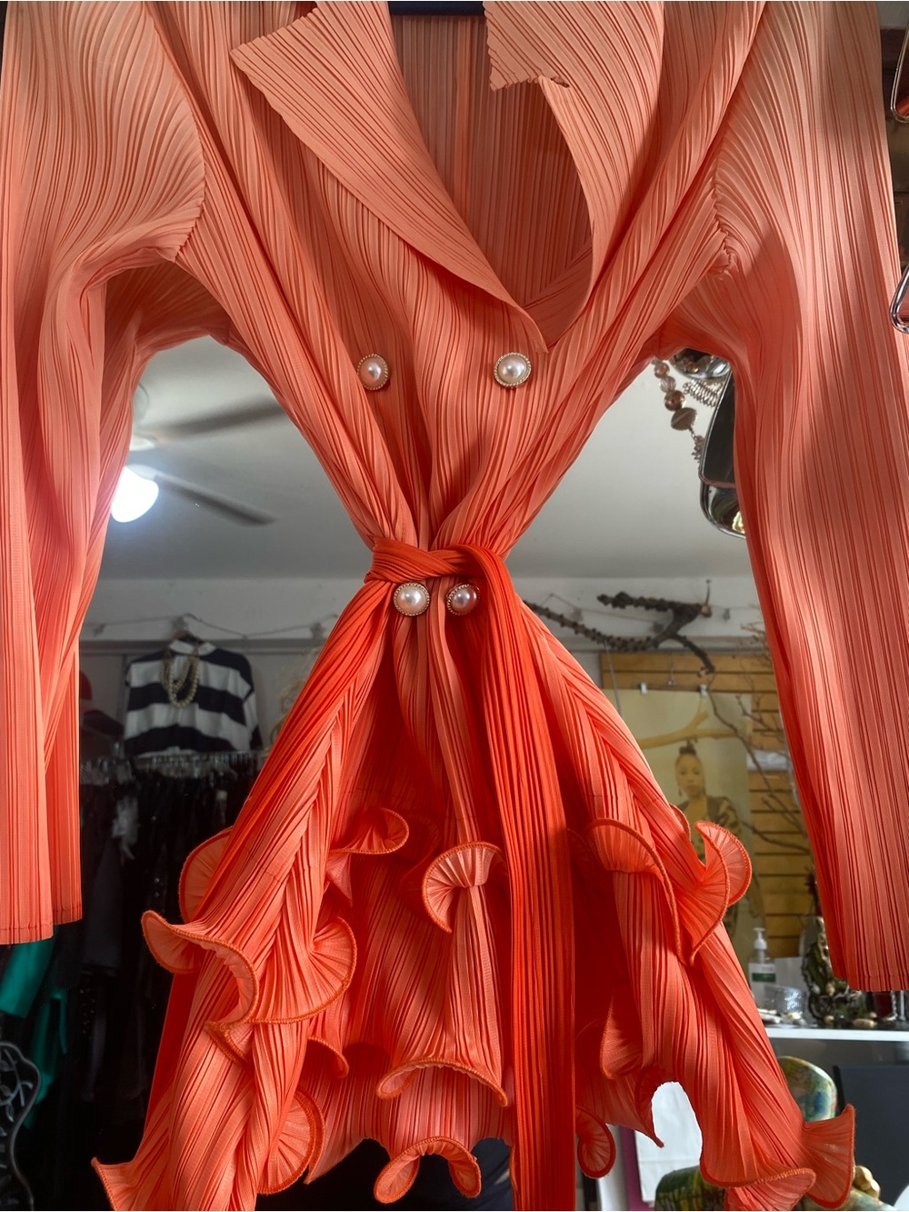 Pleated Coral Orange Ruffle 2 piece jacket and pant set with Pearl Buttons